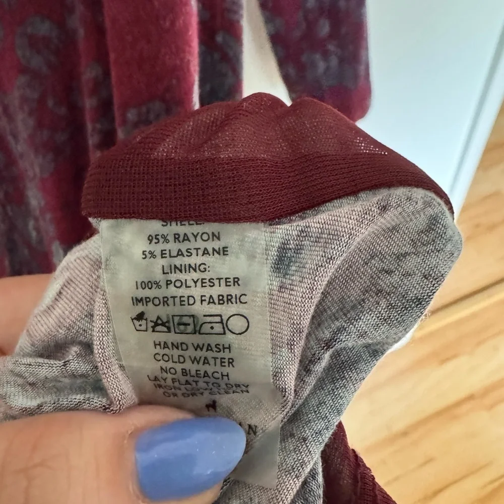 Peruvian Connection Faux Wrap Dress Lined Purple Blue Damask XL Stretch EUC - Picture 5 of 5